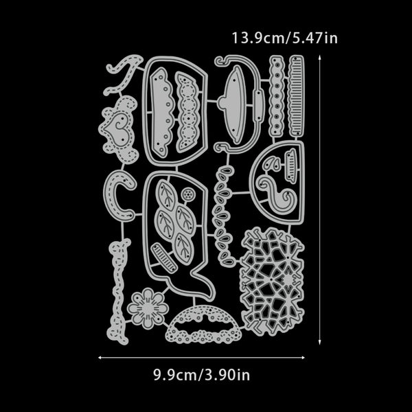 Set of metal dies with decorative shapes and measurements on a black background