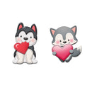 Two cartoon husky dogs holding pink hearts on a white background