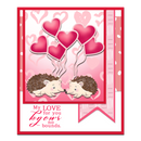 Valentine's Day card with hedgehogs and heart balloons on a pink background