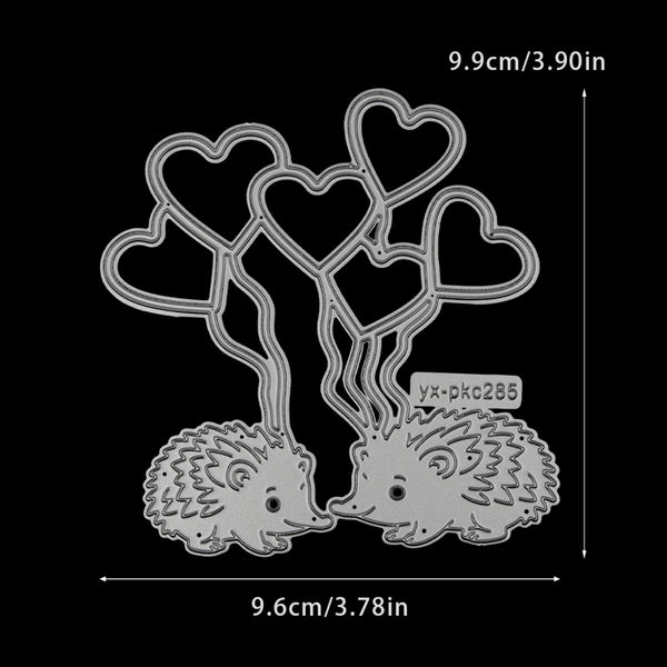 Metal cutting die with hedgehogs and heart-shaped balloons on a black background