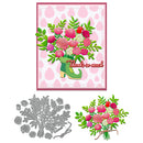Card with floral design and 'Thanks so much' text, along with floral cutting dies on a white background.