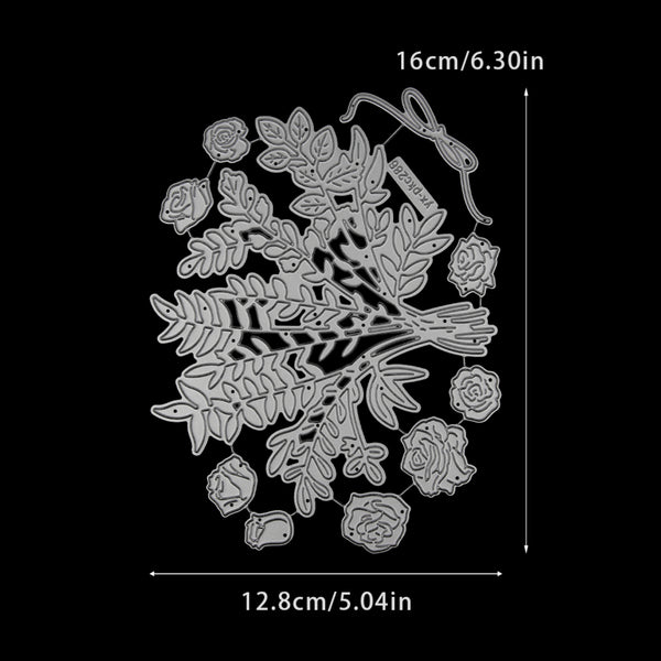 Decorative metal cutting dies with floral and leaf designs and dimensions on a black background