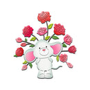 Cartoon elephant surrounded by pink and red roses on a white background