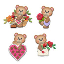 Four decorative bear figures with various items on a white background