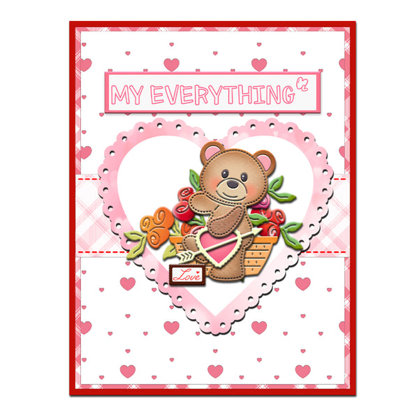 Valentine's Day card with a teddy bear and heart design on a white background