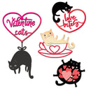 Set of Valentine-themed cat illustrations with hearts and text on a white background