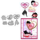 Valentine-themed metal cutting dies with cat designs on a white background