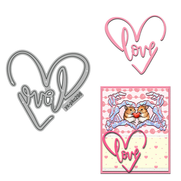 Metal die cut with 'love' design and a card featuring cartoon animals holding a heart.