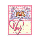 Card with two hamsters holding a heart and the word 'love' on a pink and white background.