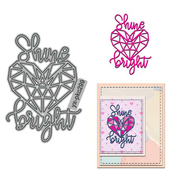 Metal cutting die with 'Shine Bright' design and a completed card with the same design.