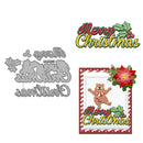 Metal cutting dies with Christmas-themed design and a decorated card with a bear and poinsettia.