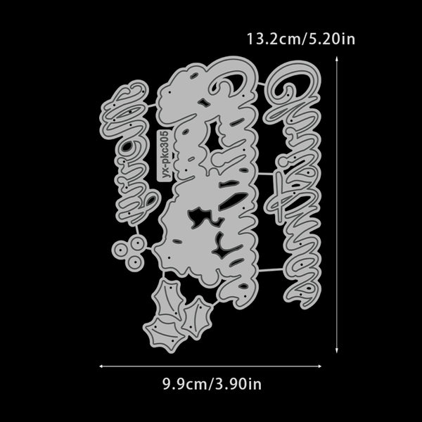 Decorative metal cutting die with intricate designs and dimensions on a black background