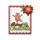 Christmas card with a bear, poinsettia, and holly design on a white background