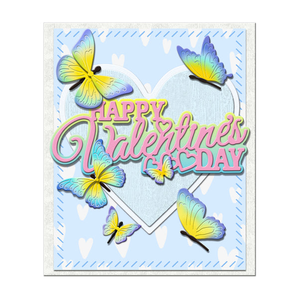 Valentine's Day card with colorful butterflies and 'Happy Valentine's Day' text on a light blue background.