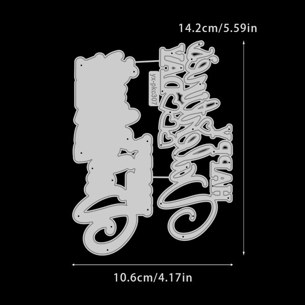 Metal cutting dies with decorative text and shapes on a black background