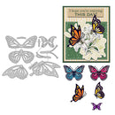Butterfly-themed metal cutting dies and colorful butterfly illustrations on a white background.