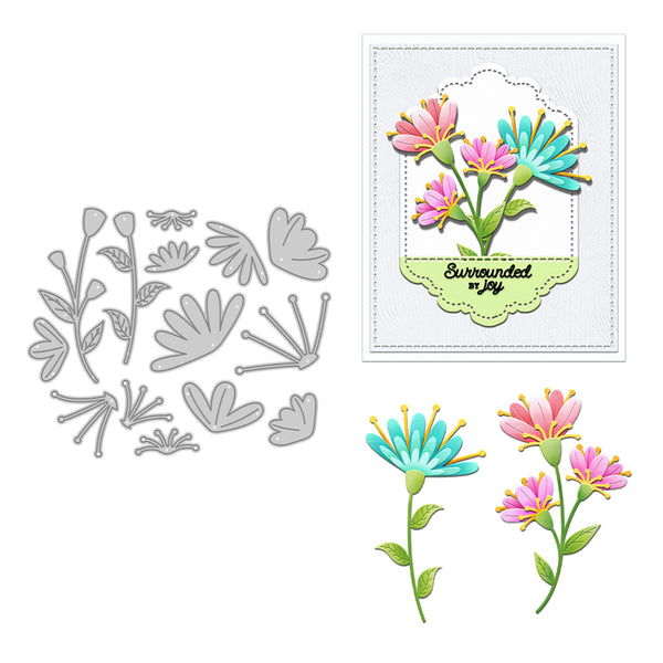 Floral metal cutting dies with matching die-cut flowers on a white background