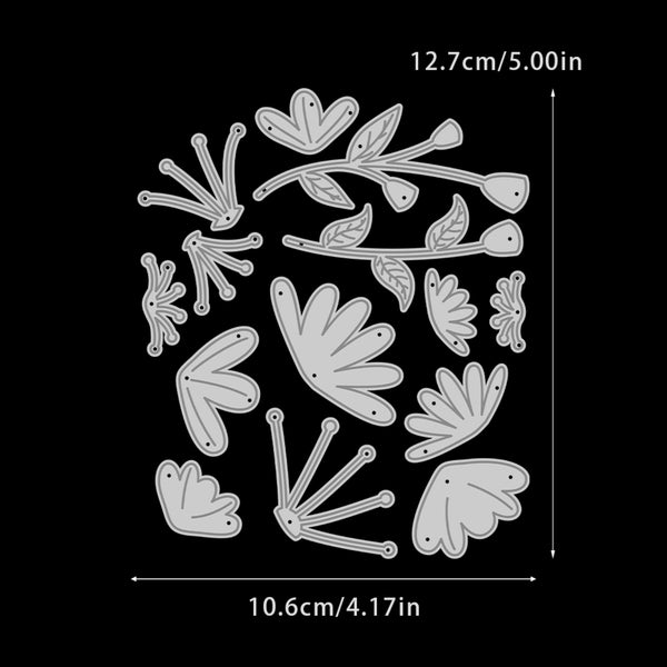 Set of floral metal cutting dies with dimensions on a black background