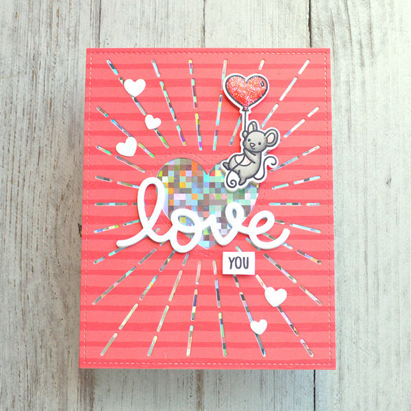Card with 'love you' text and cartoon bear on a pink background
