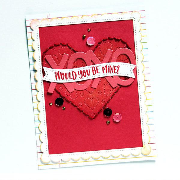 Valentine's Day card with red heart and 'Would you be mine?' text on a white background