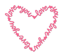 Heart-shaped arrangement of 'I love you' in pink on a white background