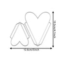 Heart-shaped cookie cutters with dimensions on a white background