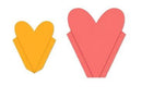 Two heart-shaped objects, one yellow and one pink, on a white background.