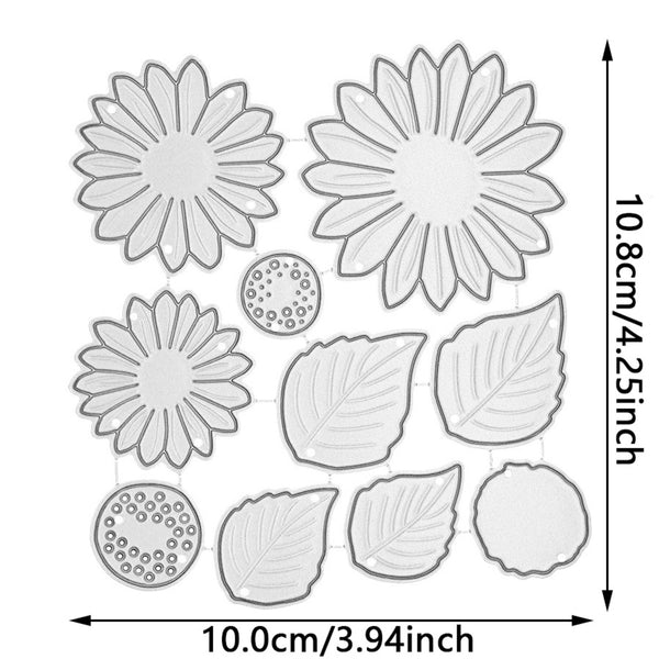 Set of floral and leaf-shaped metal cutting dies with dimensions indicated.