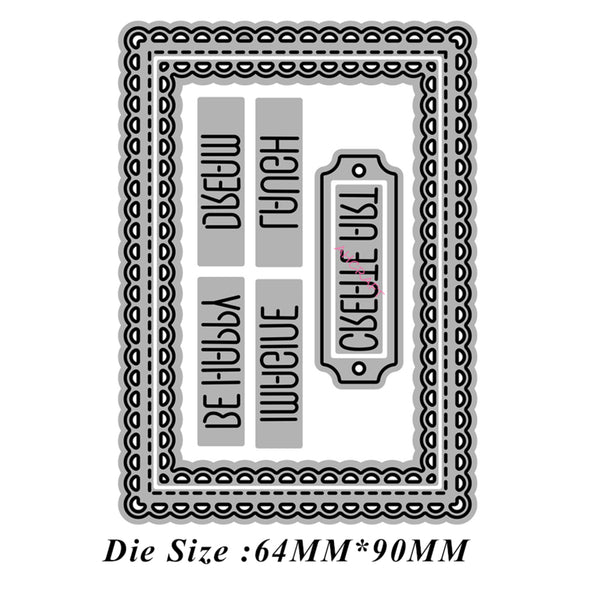 Decorative die cut with text and border design on a white background