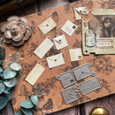 Decorative metal tags and embellishments on a textured surface with floral patterns.