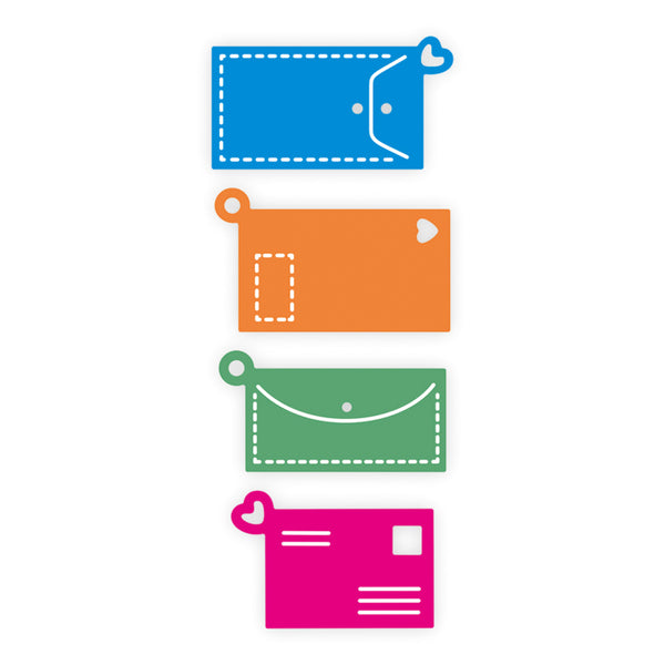 Set of colorful icon-like designs of wallets and postcards on a white background