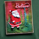 Card with Santa Claus and 'Believe' text against a forest background