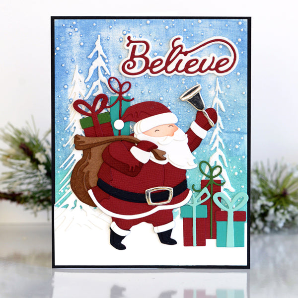 Christmas card with Santa Claus holding a bell and presents, set against a snowy background with trees.