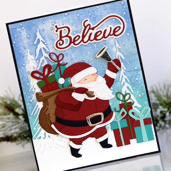 Christmas card with Santa Claus holding a bell and presents, set against a snowy landscape.