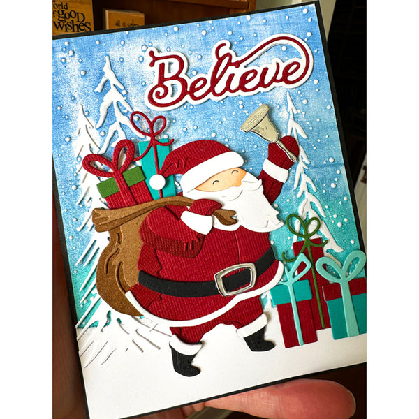 Christmas card with Santa Claus holding a bell and presents, set against a snowy background with the word 'Believe'.