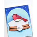 Christmas card with a red robin in a snow globe and 'Merry Christmas' button on a blue background.