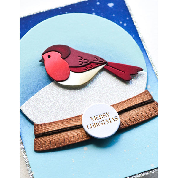 Christmas card with a red robin bird and 'Merry Christmas' button on a blue background