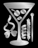 Decorative illustration of a martini glass with olives and a cocktail spoon on a black background