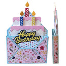 Birthday cake card with candles and 'Happy Birthday' text, featuring a floral pattern.