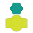 Two geometric shapes, one teal and one yellow, on a white background