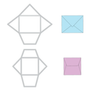 Two geometric frame shapes with a blue and pink envelope on a white background