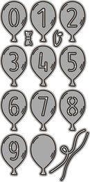 Black balloon-shaped numbers and a bow on a white background