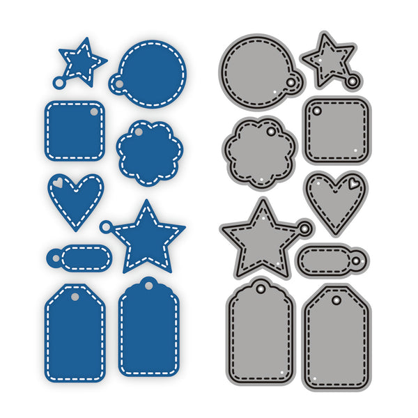 Set of blue and gray star, heart, and tag-shaped cutouts on a white background