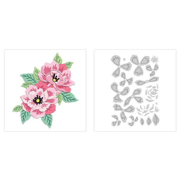 Floral design on the left and metal cutting dies on the right against a white background