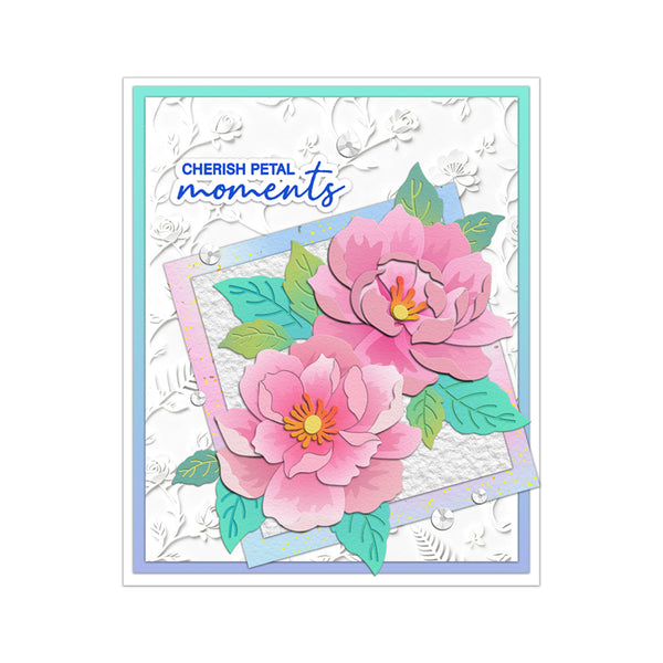 Floral card with pink flowers and green leaves on a white background, featuring the text 'Cherish Petal Moments'.