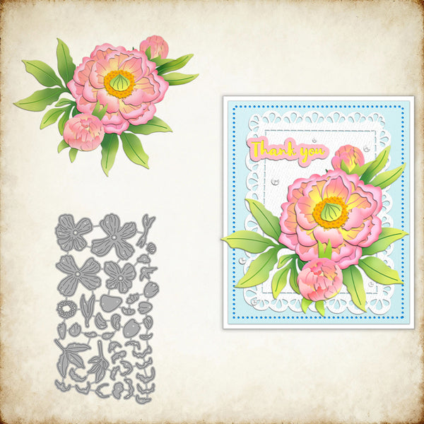 Floral design set with pink peony, die-cut shapes, and a 'Thank you' card on a textured background.