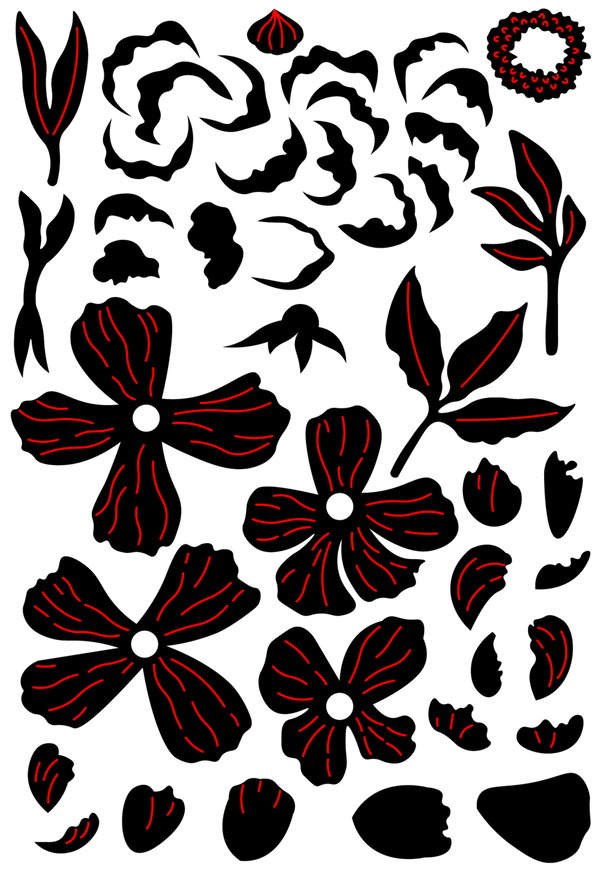 Black and red floral and leaf patterns on a white background