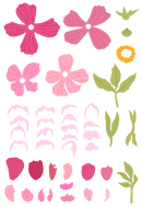 Set of pink floral cutouts with green leaves on a white background