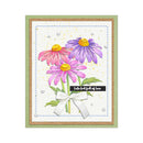 Card with pink and purple flowers and a white bow on a white background