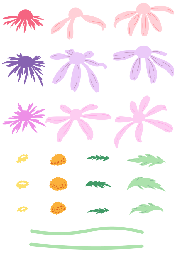 Set of colorful floral and plant illustrations on a white background